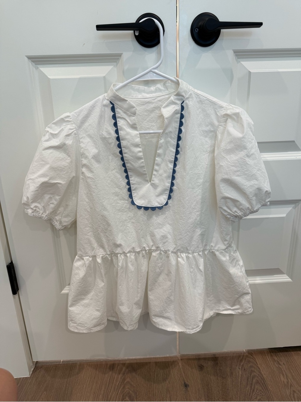 White Peplum Puff Sleeve 100% cotton Top with Navy Trim